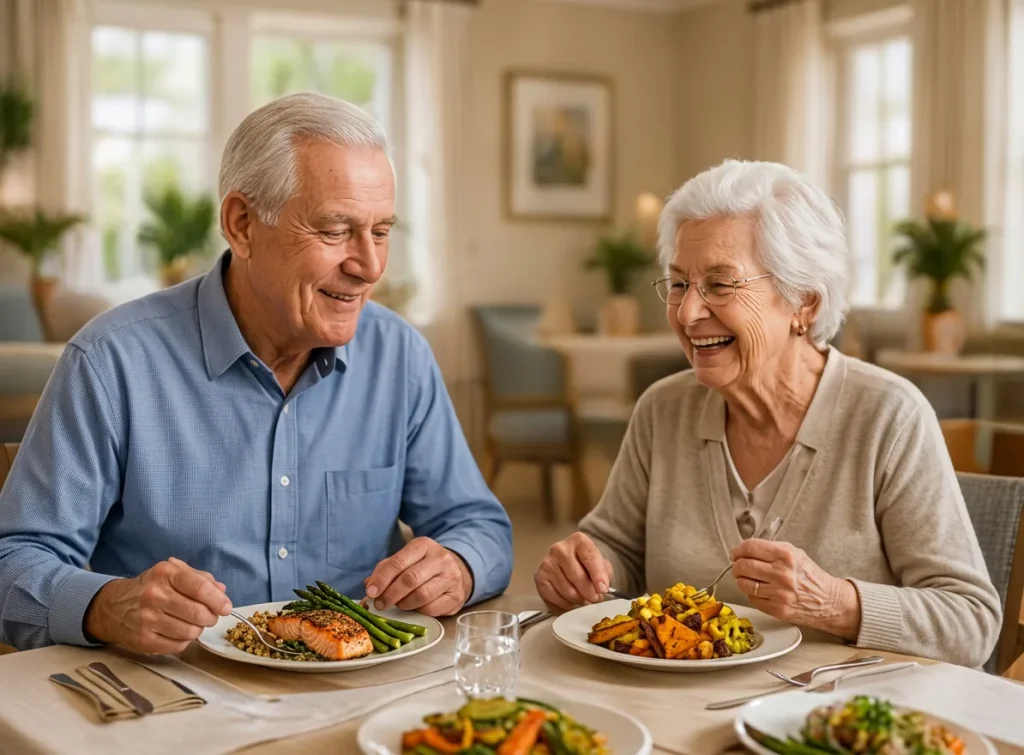 Two residents sharing a meal in the dining room