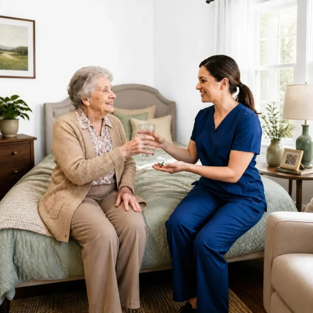 A team member offering a resident a hand