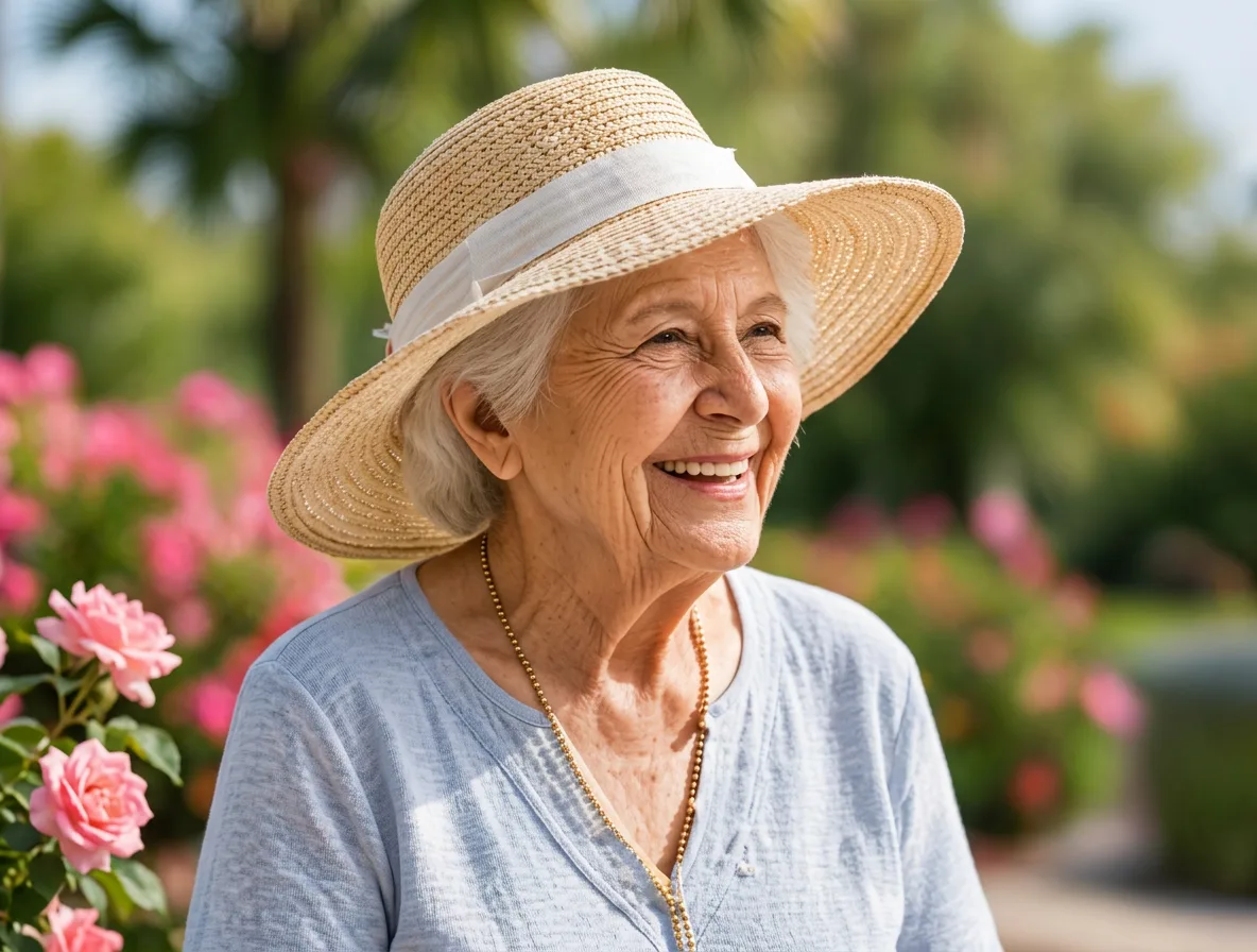 A smiling resident in a sun hat in the garden