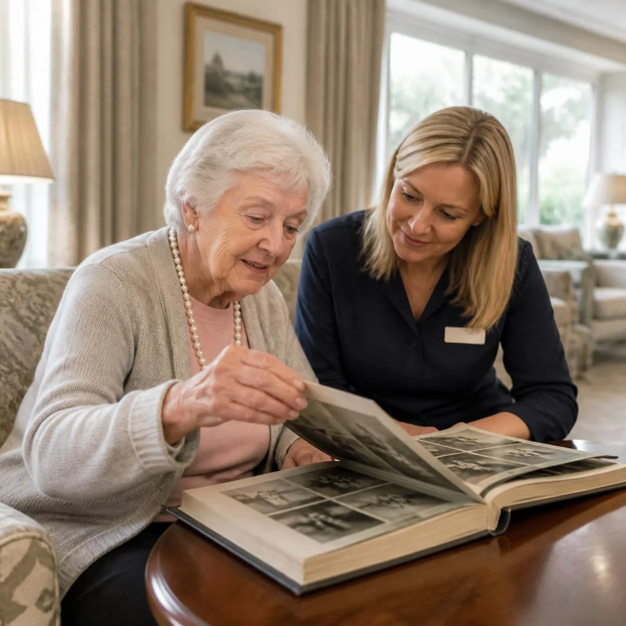 A team member looking through a photo album with a resident
