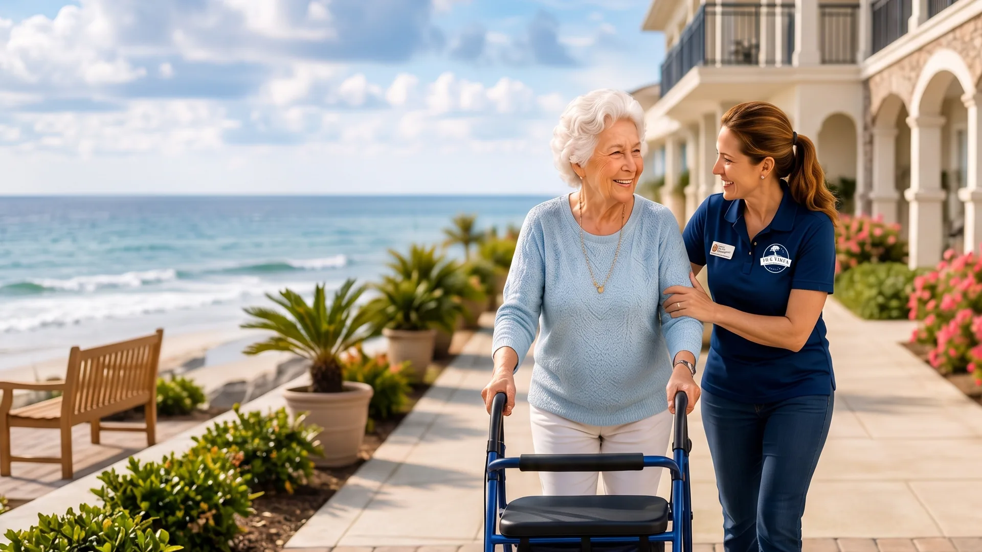 Caregiver walking with a resident