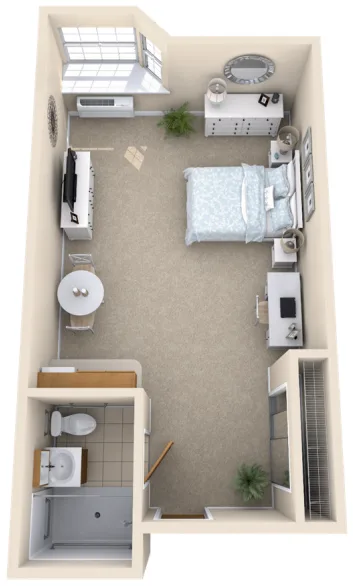 The Flamingo floor plan — Studio with Kitchenette, approx. 313 sq. ft.