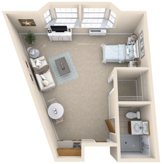 The Heron floor plan — Studio with Kitchenette, approx. 423 sq. ft.