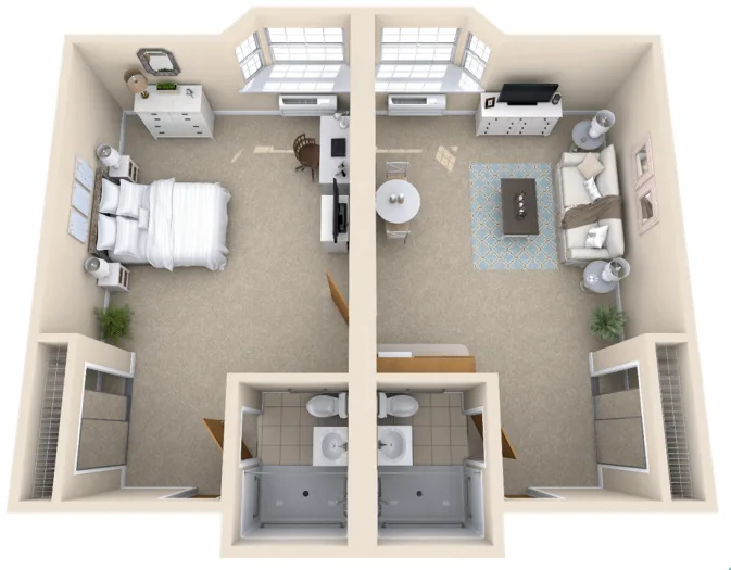 The Osprey floor plan — One Bedroom with Kitchenette, 2 Bathrooms, approx. 581 sq. ft.