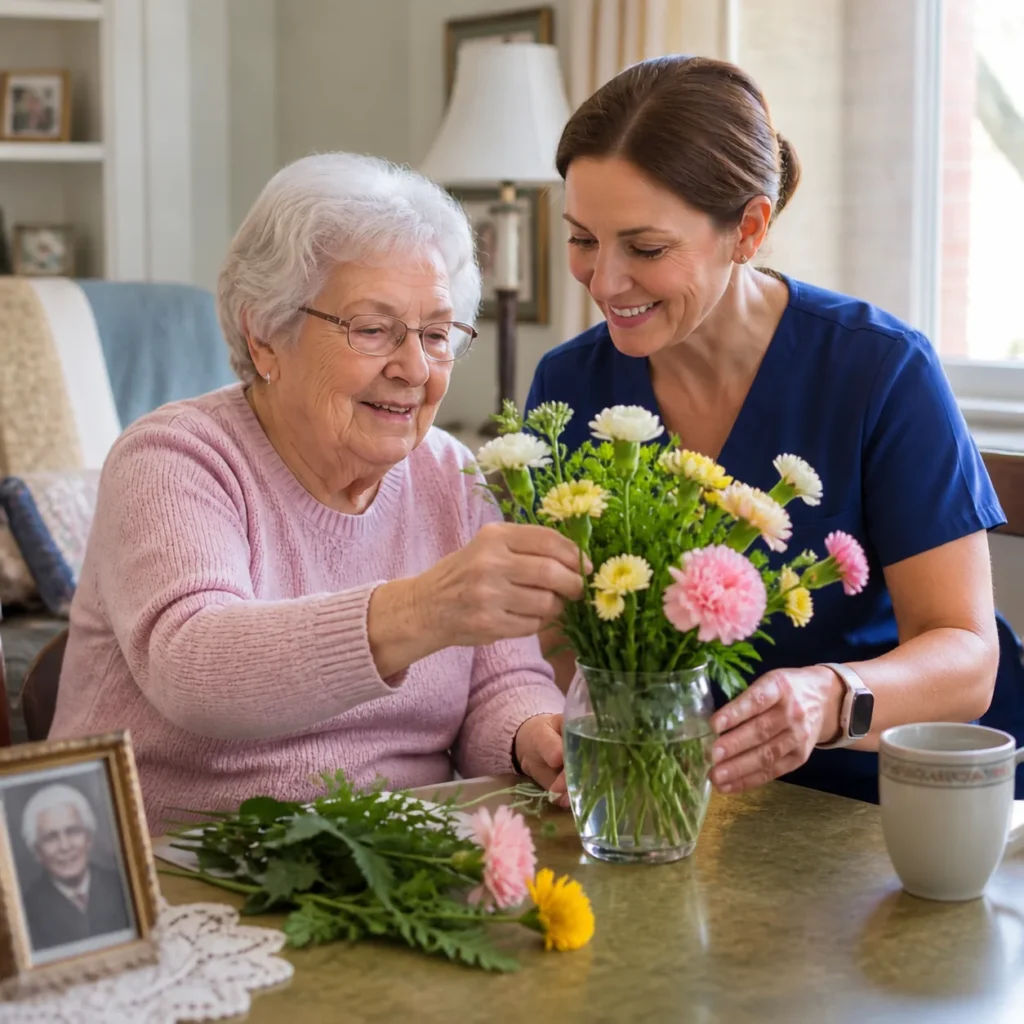 A caregiver sharing a gentle moment with a memory care resident