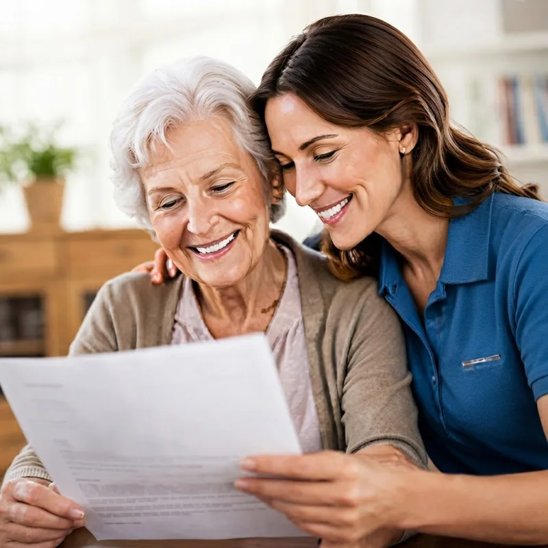 A daughter and her mother reviewing paperwork together